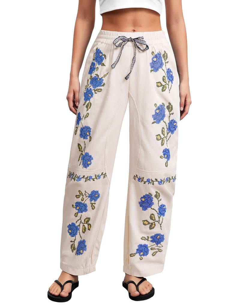 Kedera Women's Causal Mid Rise Wide Leg Floral Embroidered Baggy Boyfriend Jeans Vintage Barrel Denim Ankle Pants - Image 1