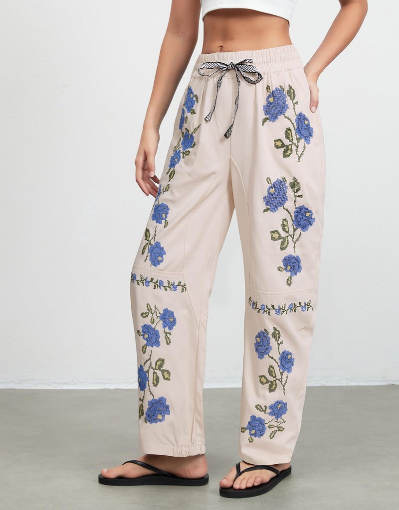 Kedera Women's Causal Mid Rise Wide Leg Floral Embroidered Baggy Boyfriend Jeans Vintage Barrel Denim Ankle Pants - Image 2