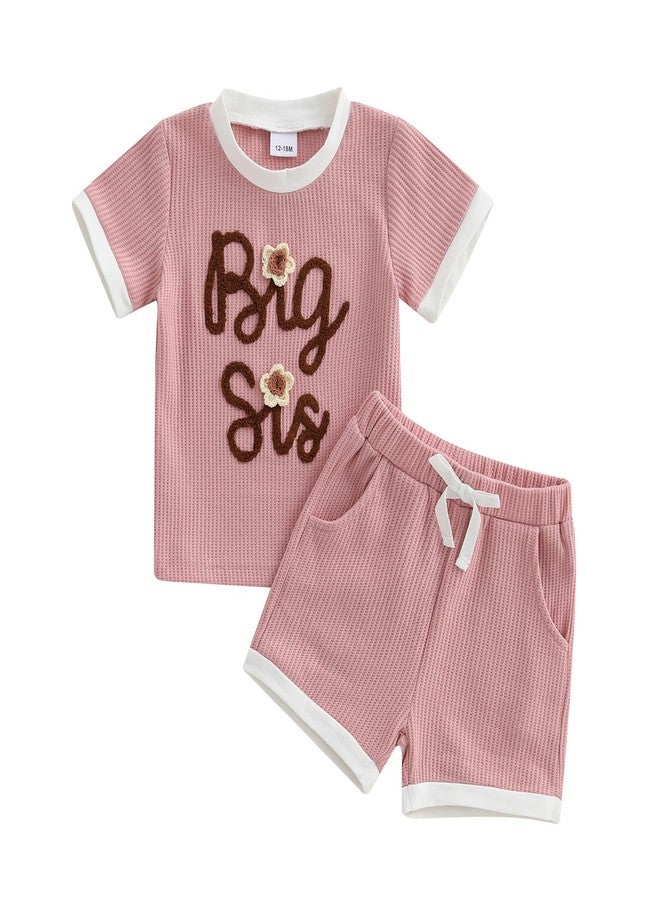 Amnnchya Toddler Baby Girl Clothes Floral Infant Summer Shirt Shorts Set Cute Big Sister Little Sister Matching Outfits (Pink Big Sis, 2-3T) - Image 1