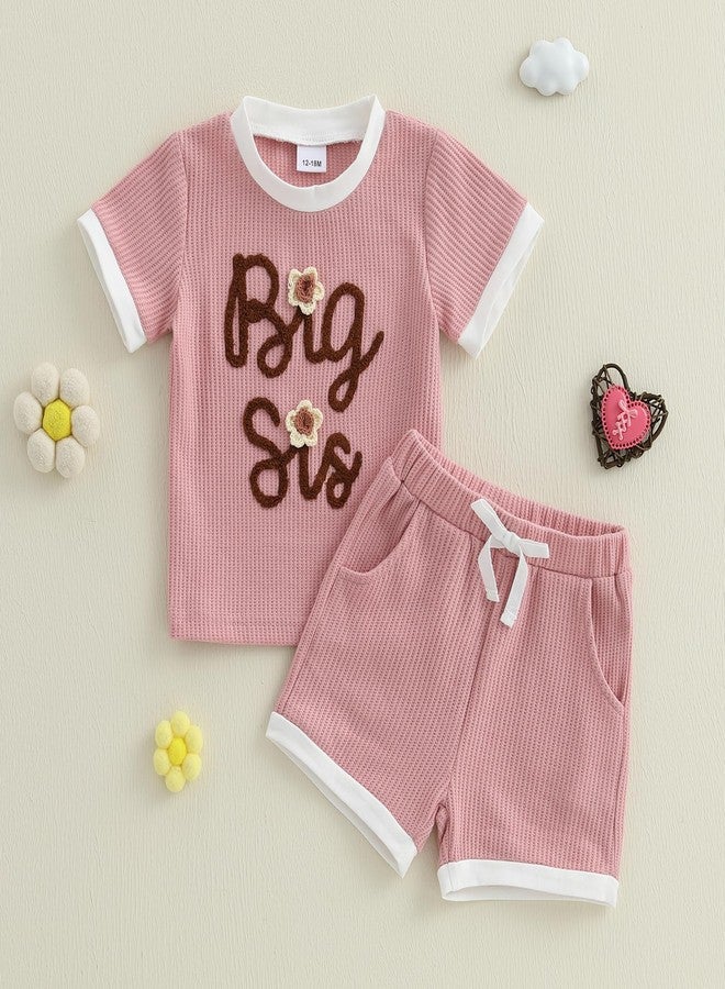 Amnnchya Toddler Baby Girl Clothes Floral Infant Summer Shirt Shorts Set Cute Big Sister Little Sister Matching Outfits (Pink Big Sis, 2-3T) - Image 2