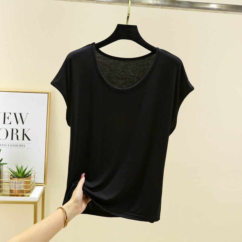 2023 Korean style round neck T-shirt short sleeve women's summer top mask modal bottoming shirt loose plus size - Image 4