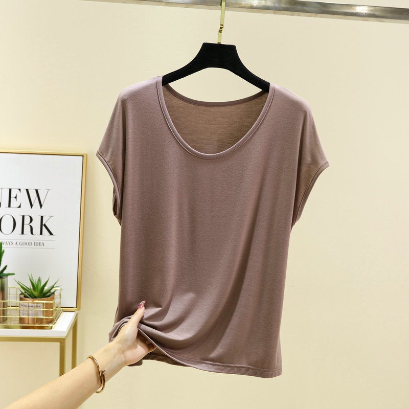 2023 Korean style round neck T-shirt short sleeve women's summer top mask modal bottoming shirt loose plus size - Image 3