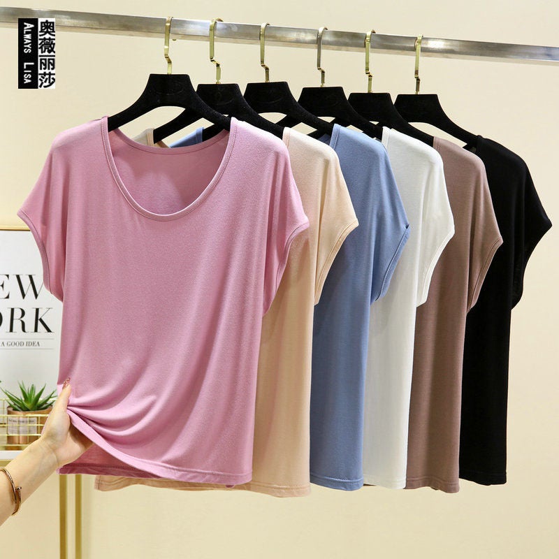 2023 Korean style round neck T-shirt short sleeve women's summer top mask modal bottoming shirt loose plus size - Image 2