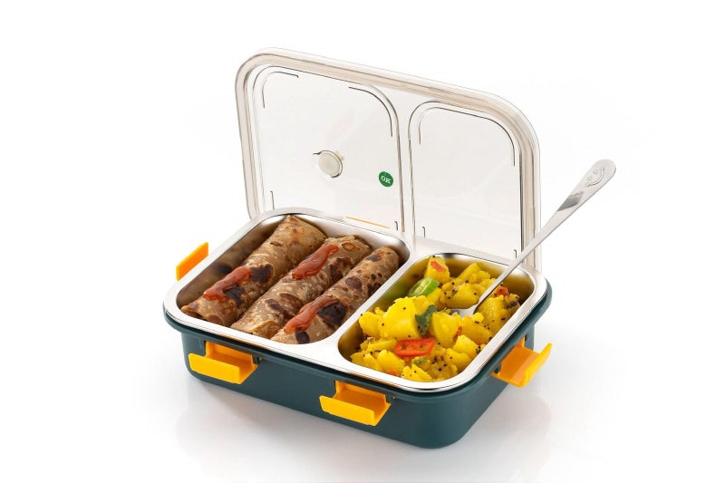 Brand Conquer Lunch Box Leak-Proof BPA Free Stainless Steel for School, Lunch Box for School & Office with a Fork, a Spoon and a Pair of Chopsticks (Green, 2 Compartment) - Image 1