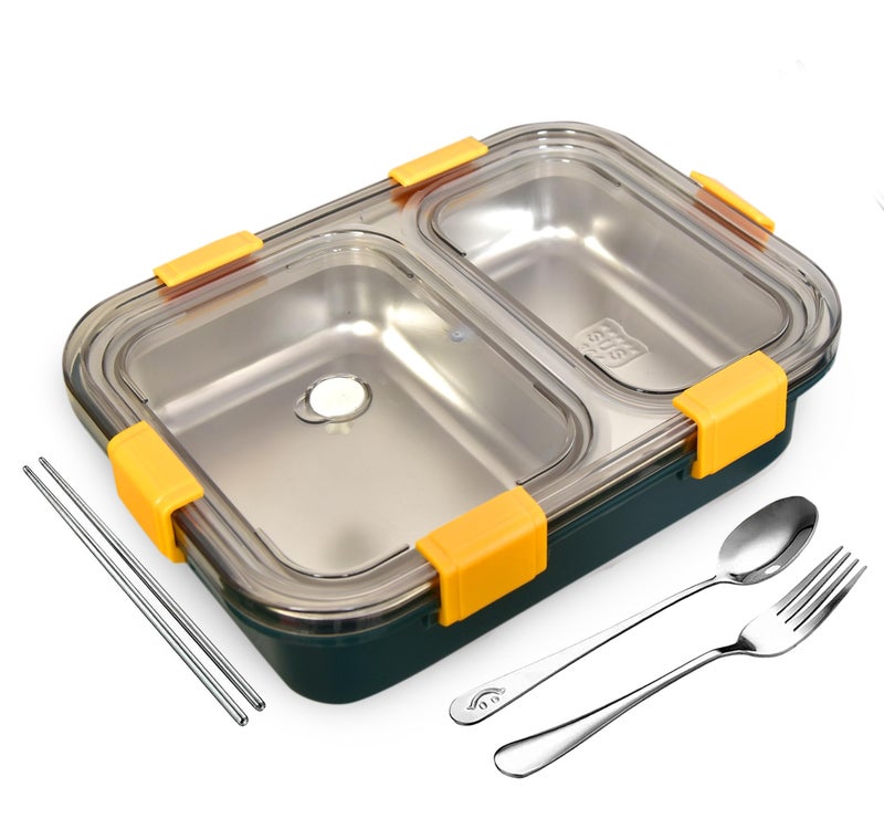 Brand Conquer Lunch Box Leak-Proof BPA Free Stainless Steel for School, Lunch Box for School & Office with a Fork, a Spoon and a Pair of Chopsticks (Green, 2 Compartment) - Image 2
