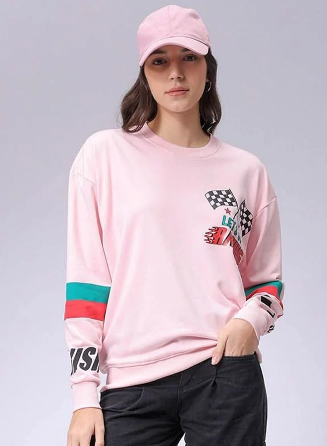 Women Boxy Fit Racing Printed Crew Neck Long Sleeve Oversized Sweatshirt