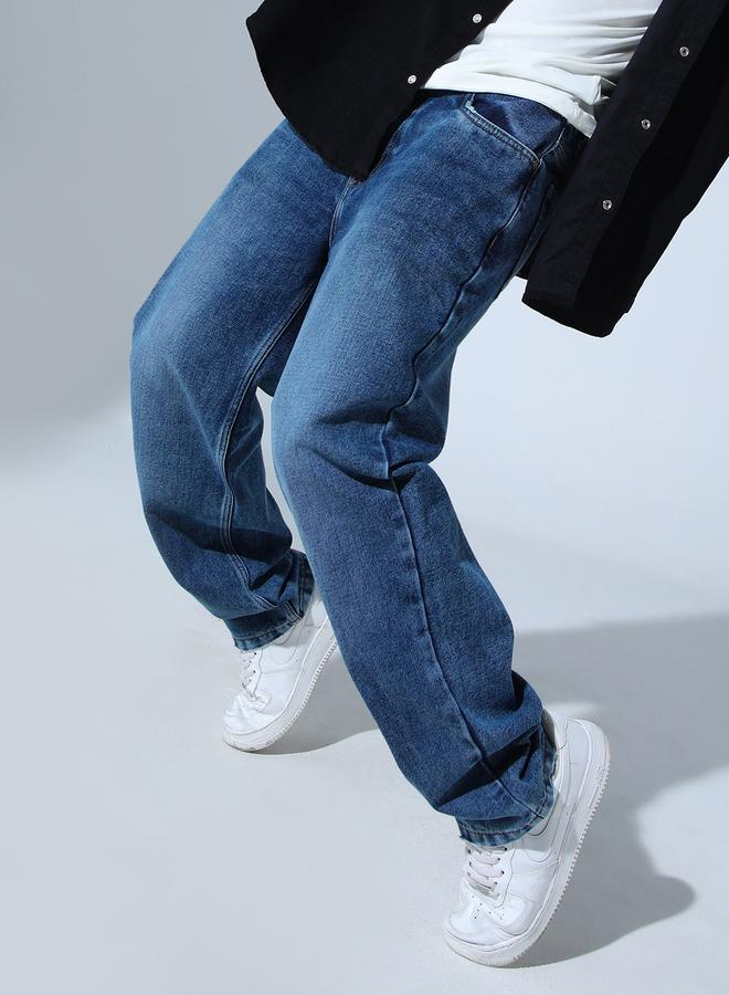 Hubberholme Men's Indigo 100% Cotton Solid Pattern Full Length Tapered Jeans  - Image 2