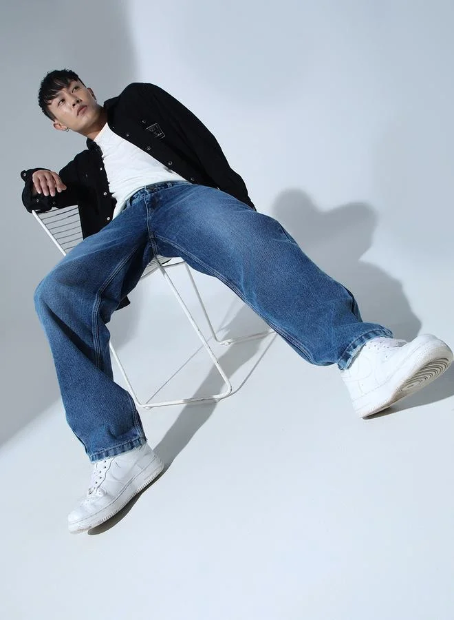 Hubberholme Men's Indigo 100% Cotton Solid Pattern Full Length Tapered Jeans