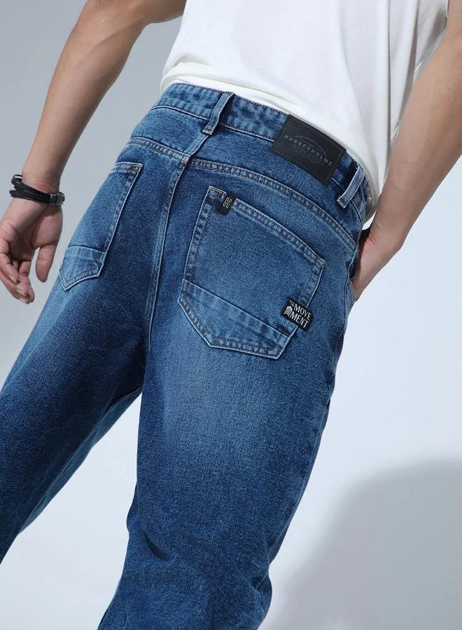 Hubberholme Men's Indigo 100% Cotton Solid Pattern Full Length Tapered Jeans