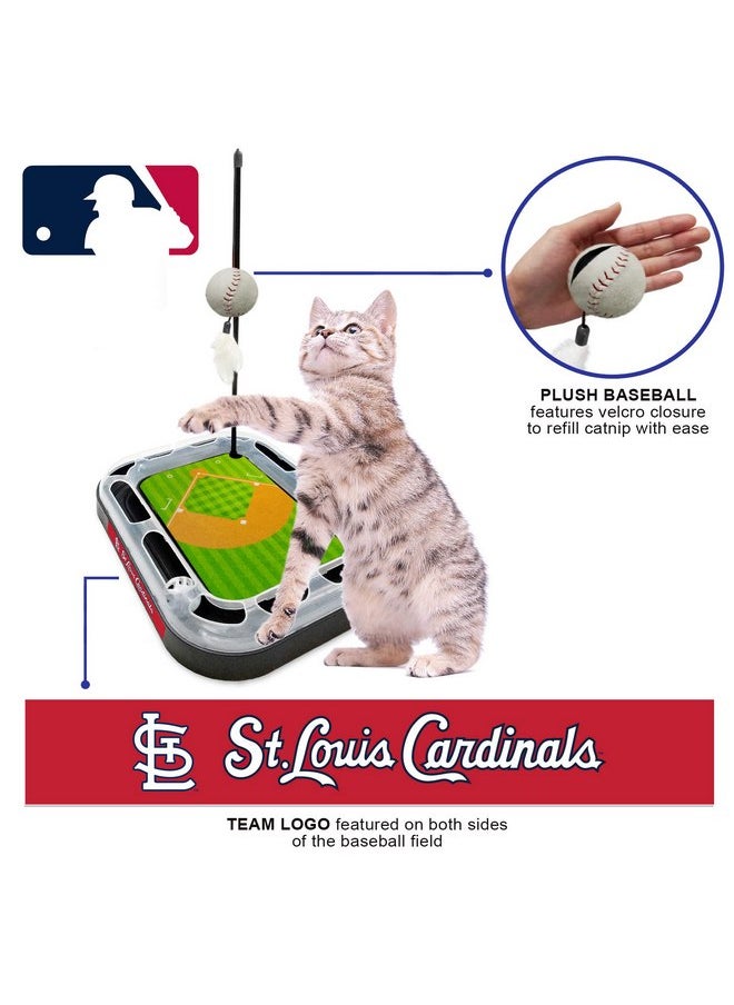 Pets First - Cat Scratching Toy MLB ST. LOUIS CARDINALS Baseball Field Cat Scratcher Toy with Interactive Cat Ball Bell in Tracks. 5-in-1 CAT TOY: Cat Wand Poll with CATNIP FILLED Plush Baseball & Feathers. - Image 1