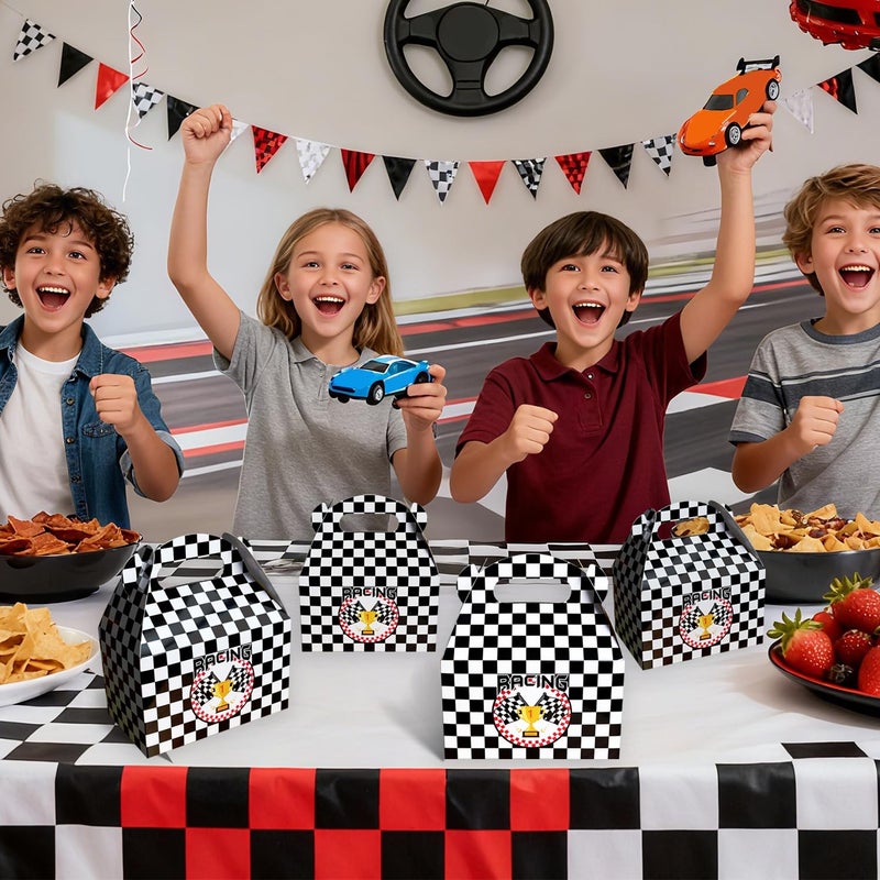 partyzoa 24 PCS Race Car Party Favor Treat Boxes Birthday Party Supplies, Black and White Checkered Flag Gable Gift Boxes with Handles Goodie Candy Bags Container for Racing Themed Party Decorations - Image 4