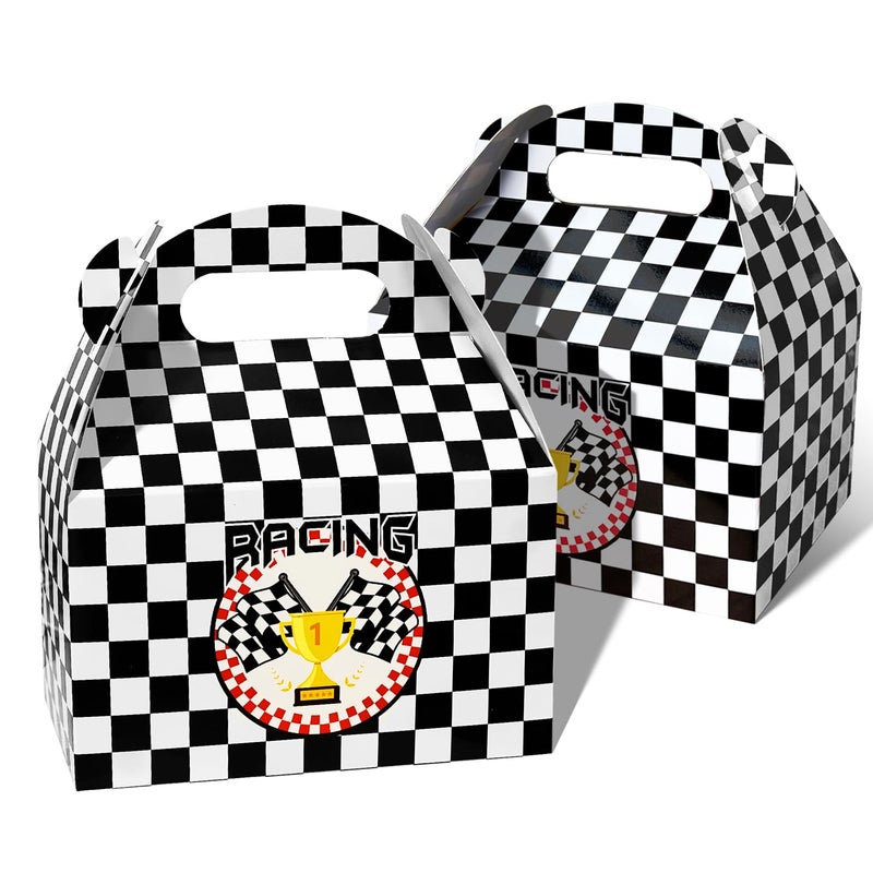 partyzoa 24 PCS Race Car Party Favor Treat Boxes Birthday Party Supplies, Black and White Checkered Flag Gable Gift Boxes with Handles Goodie Candy Bags Container for Racing Themed Party Decorations - Image 1