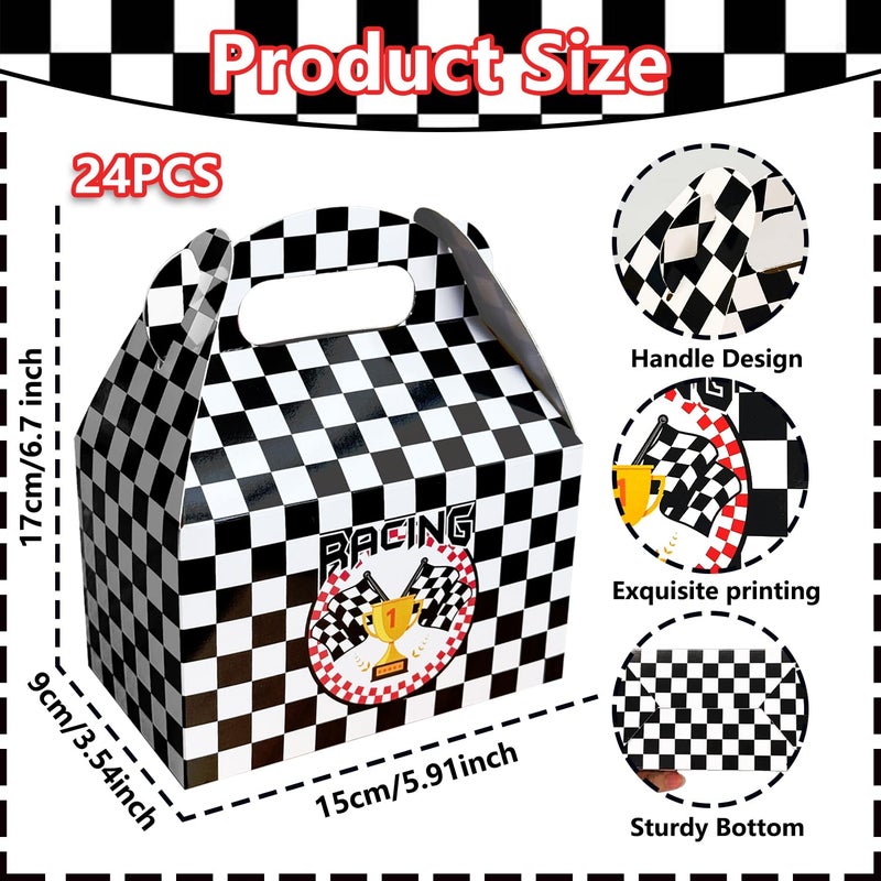 partyzoa 24 PCS Race Car Party Favor Treat Boxes Birthday Party Supplies, Black and White Checkered Flag Gable Gift Boxes with Handles Goodie Candy Bags Container for Racing Themed Party Decorations - Image 3