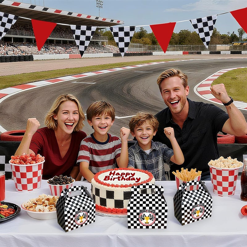 partyzoa 24 PCS Race Car Party Favor Treat Boxes Birthday Party Supplies, Black and White Checkered Flag Gable Gift Boxes with Handles Goodie Candy Bags Container for Racing Themed Party Decorations - Image 5