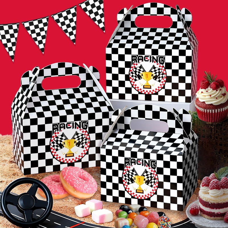 partyzoa 24 PCS Race Car Party Favor Treat Boxes Birthday Party Supplies, Black and White Checkered Flag Gable Gift Boxes with Handles Goodie Candy Bags Container for Racing Themed Party Decorations - Image 2