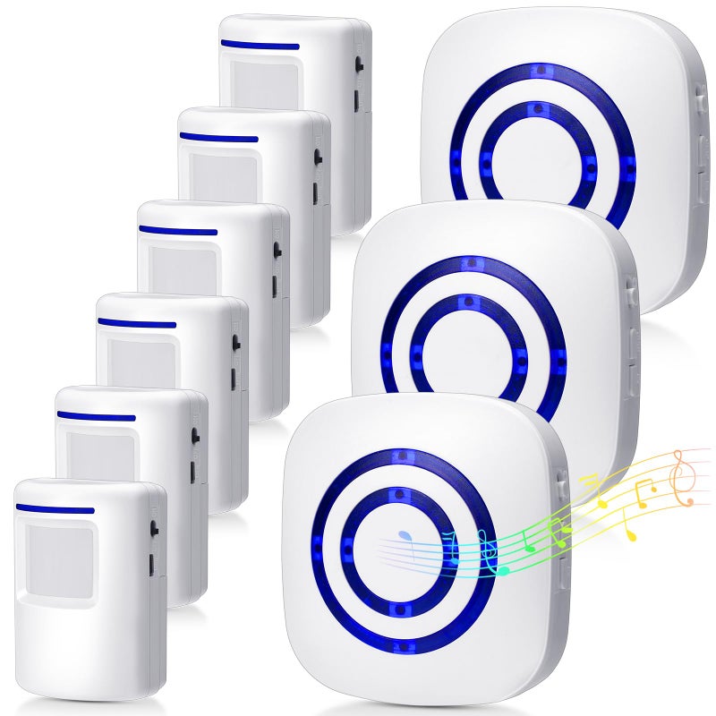 Mimorou Motion Sensor Alarm Wireless Driveway Alarm Indoor Home Motion Detector Long Range Security Alert Monitor System with 6 Sensor and 3 Receiver, 38 Chime Tunes and LED Indicators - Image 1