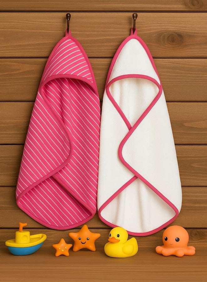 TuddyBuddy 100% Cotton Hooded Terry Towel for Babies/Super Soft Bath Towel for 0 Months - 2 Years Baby - Ideal for Newborn Babies - (Pack of 2 - White & Pink Stripes) - Image 1