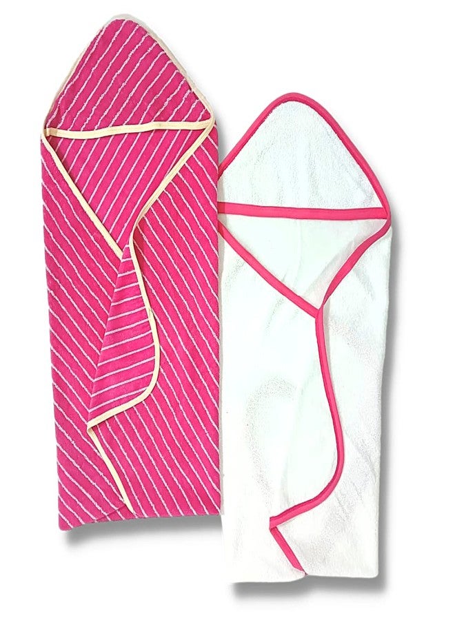 TuddyBuddy 100% Cotton Hooded Terry Towel for Babies/Super Soft Bath Towel for 0 Months - 2 Years Baby - Ideal for Newborn Babies - (Pack of 2 - White & Pink Stripes) - Image 4
