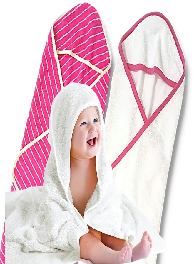 TuddyBuddy 100% Cotton Hooded Terry Towel for Babies/Super Soft Bath Towel for 0 Months - 2 Years Baby - Ideal for Newborn Babies - (Pack of 2 - White & Pink Stripes) - Image 2