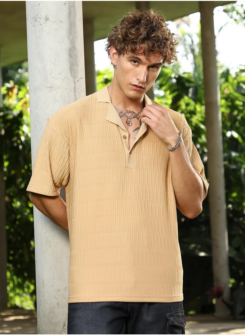 Campus Sutra Campus Sutra Men's Buff Beige Bubble Cuban Polo T-Shirt For Casual Wear | Polo Neck | Short Cuffed Sleeves | Half-Button Closure | T-Shirt Crafted With Comfort Fit For Everyday Wear