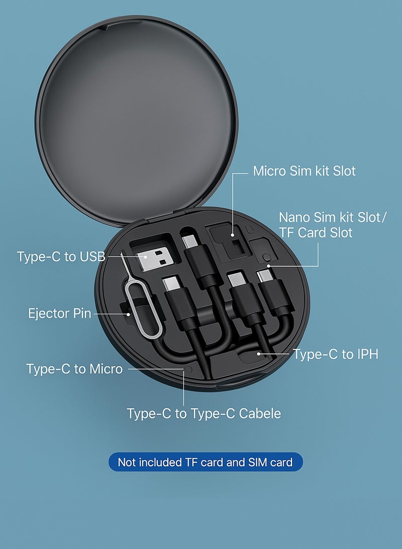 Yezler All-in-One Mini Digital Gadgets Storage Box with 6-in-1 Fast Charging Cables – 60W USB-C to Type-C, Lightning, Micro-USB – SIM & Memory Card Slot – Card Pin – Multi-Function Phone Holder – Portable Travel Cable Organizer - Image 2