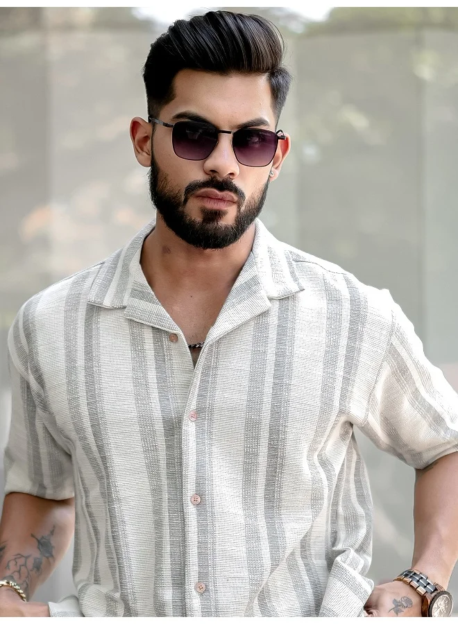 مانياك Maniac Mens Stripes Half Sleeve Half White Grey Shirt