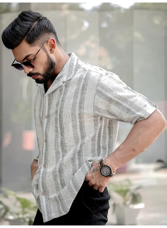 مانياك Maniac Mens Stripes Half Sleeve Half White Grey Shirt