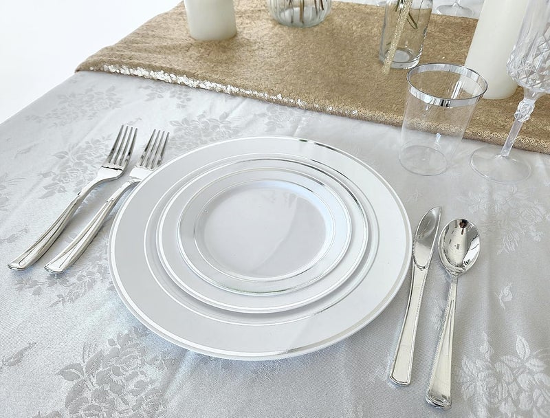 OCCASIONS FINEST PLASTIC TABLEWARE OCCASIONS 50pc Silver Plastic Plates for 25 Guests - White and Silver Elegant Disposable Plates Set, Heavy Duty Hard Fancy - 10.5" Dinner & 7.5" Salad/Dessert for Wedding Party (White & Silver Rim) - Image 5