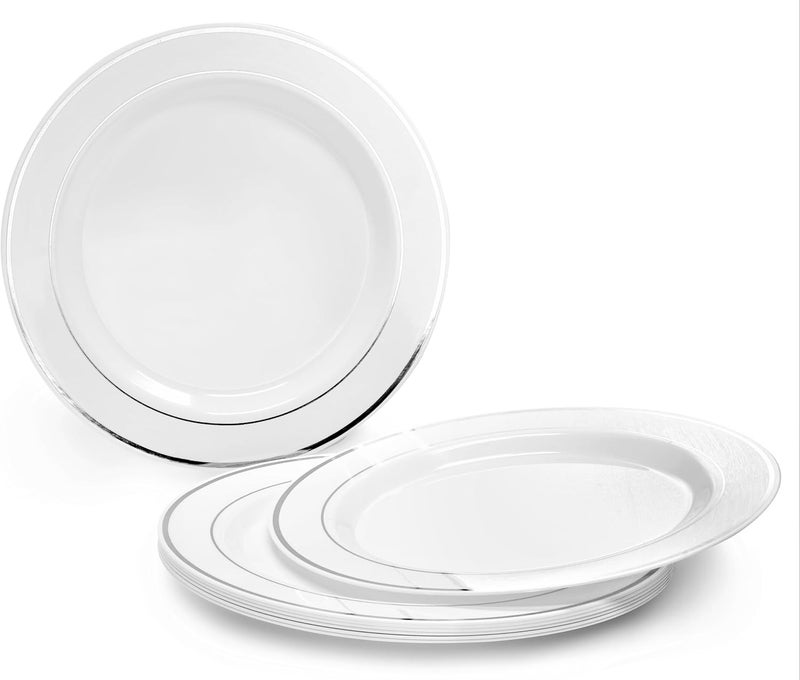 OCCASIONS FINEST PLASTIC TABLEWARE OCCASIONS 50pc Silver Plastic Plates for 25 Guests - White and Silver Elegant Disposable Plates Set, Heavy Duty Hard Fancy - 10.5" Dinner & 7.5" Salad/Dessert for Wedding Party (White & Silver Rim) - Image 2