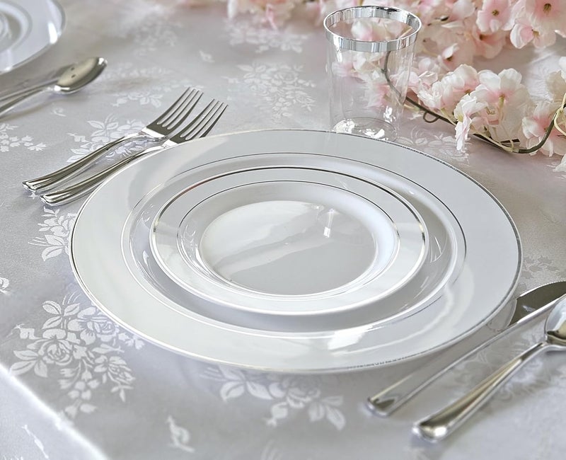 OCCASIONS FINEST PLASTIC TABLEWARE OCCASIONS 50pc Silver Plastic Plates for 25 Guests - White and Silver Elegant Disposable Plates Set, Heavy Duty Hard Fancy - 10.5" Dinner & 7.5" Salad/Dessert for Wedding Party (White & Silver Rim) - Image 3