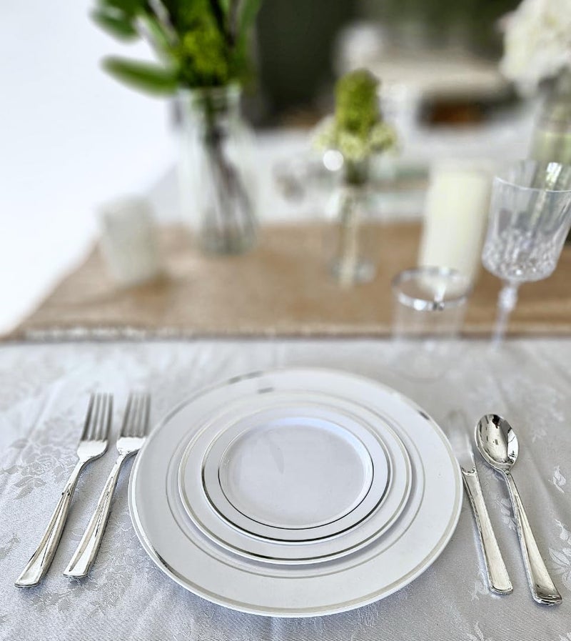 OCCASIONS FINEST PLASTIC TABLEWARE OCCASIONS 50pc Silver Plastic Plates for 25 Guests - White and Silver Elegant Disposable Plates Set, Heavy Duty Hard Fancy - 10.5" Dinner & 7.5" Salad/Dessert for Wedding Party (White & Silver Rim) - Image 4
