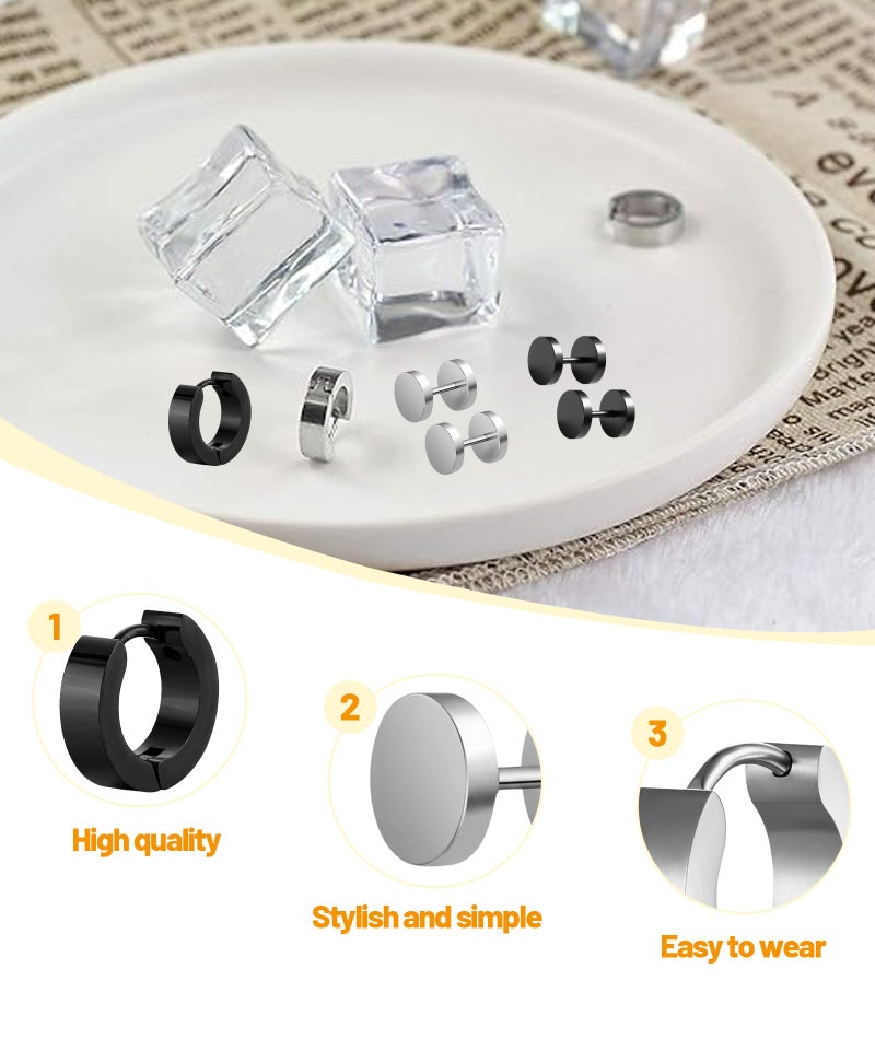XFSAFDM 4 Pairs Of Ear Rings For Men, Circular Studs, Hip Hop Rock Style Earrings, Trendy Accessories For Men And Boys, Gift For Anniversary And Birthday (Black+Silvery) - Image 3