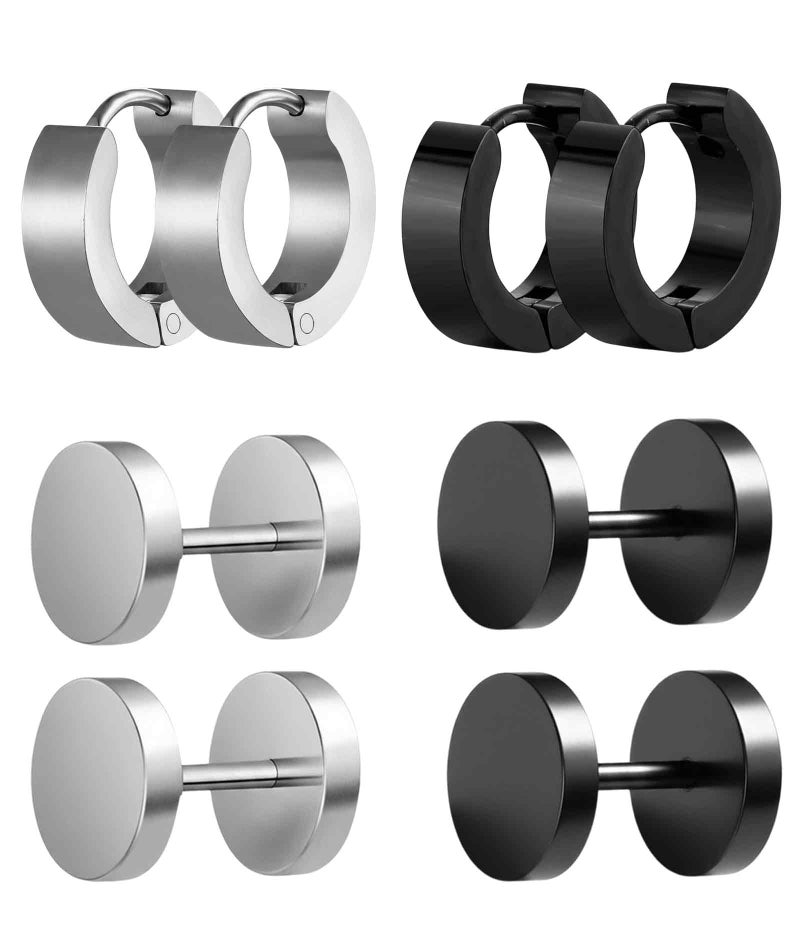 XFSAFDM 4 Pairs Of Ear Rings For Men, Circular Studs, Hip Hop Rock Style Earrings, Trendy Accessories For Men And Boys, Gift For Anniversary And Birthday (Black+Silvery) - Image 1