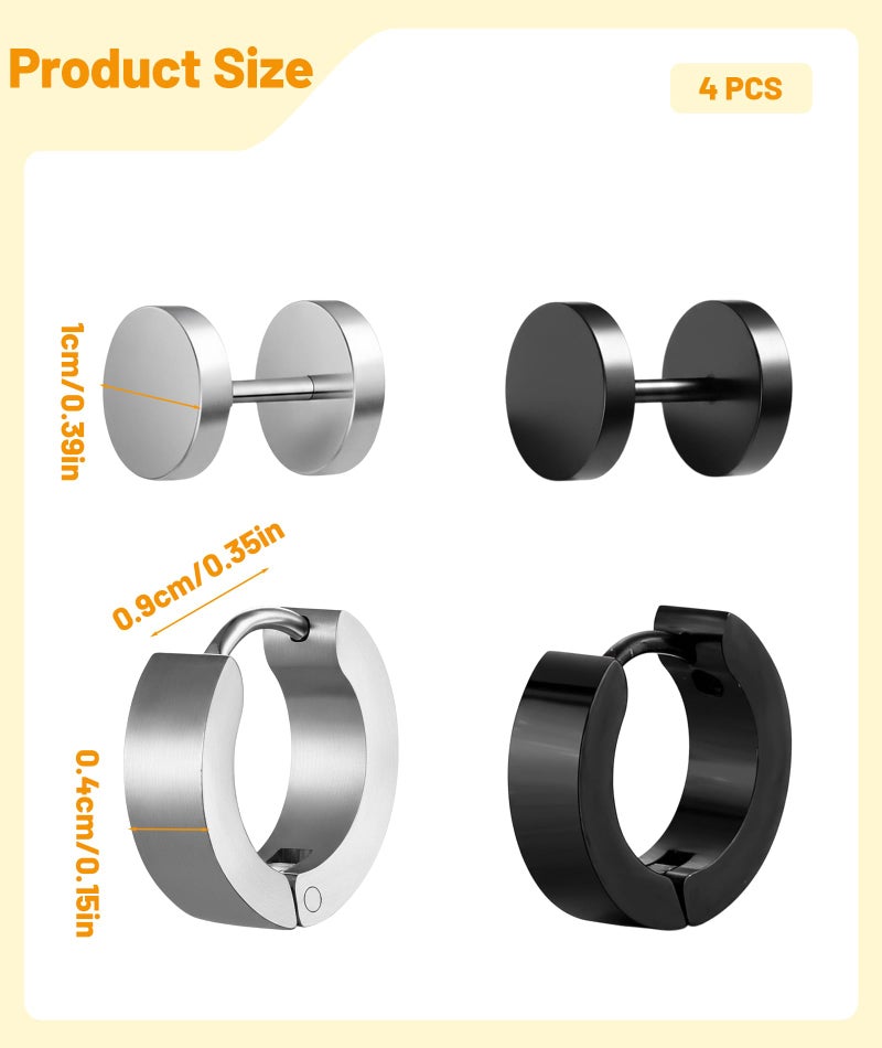 XFSAFDM 4 Pairs Of Ear Rings For Men, Circular Studs, Hip Hop Rock Style Earrings, Trendy Accessories For Men And Boys, Gift For Anniversary And Birthday (Black+Silvery) - Image 2