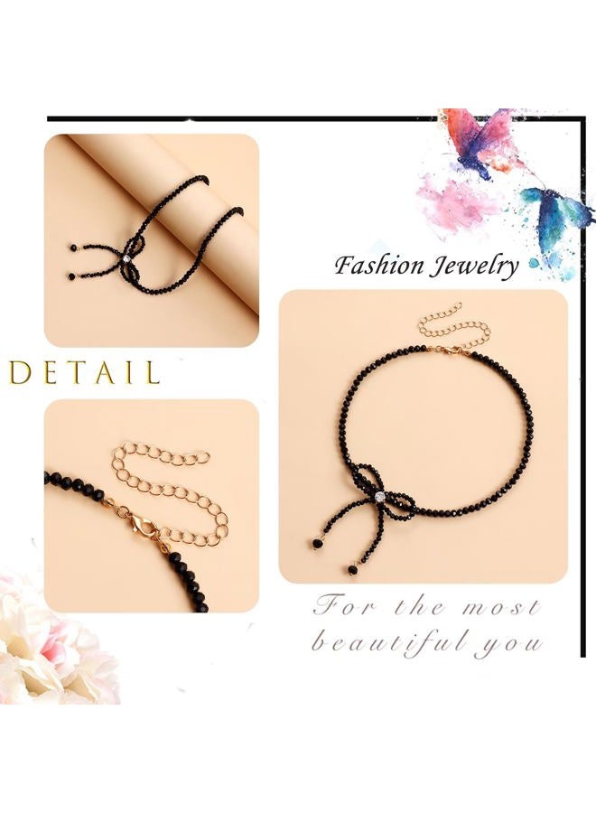 Zeshimb Black Crystal Beaded Choker Necklace Rhinestone Bowknot Onyx Beads Neckalce Handmade Braided Crystal Bow Statement Necklace Bow Tie Collar Choker Jewelry for Women and Girls - Image 5