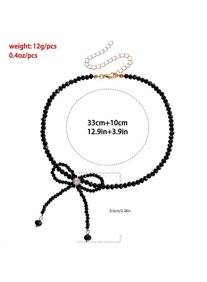 Zeshimb Black Crystal Beaded Choker Necklace Rhinestone Bowknot Onyx Beads Neckalce Handmade Braided Crystal Bow Statement Necklace Bow Tie Collar Choker Jewelry for Women and Girls - Image 4