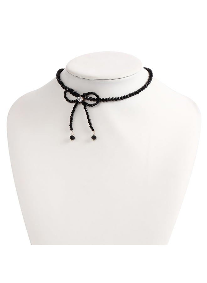 Zeshimb Black Crystal Beaded Choker Necklace Rhinestone Bowknot Onyx Beads Neckalce Handmade Braided Crystal Bow Statement Necklace Bow Tie Collar Choker Jewelry for Women and Girls - Image 3
