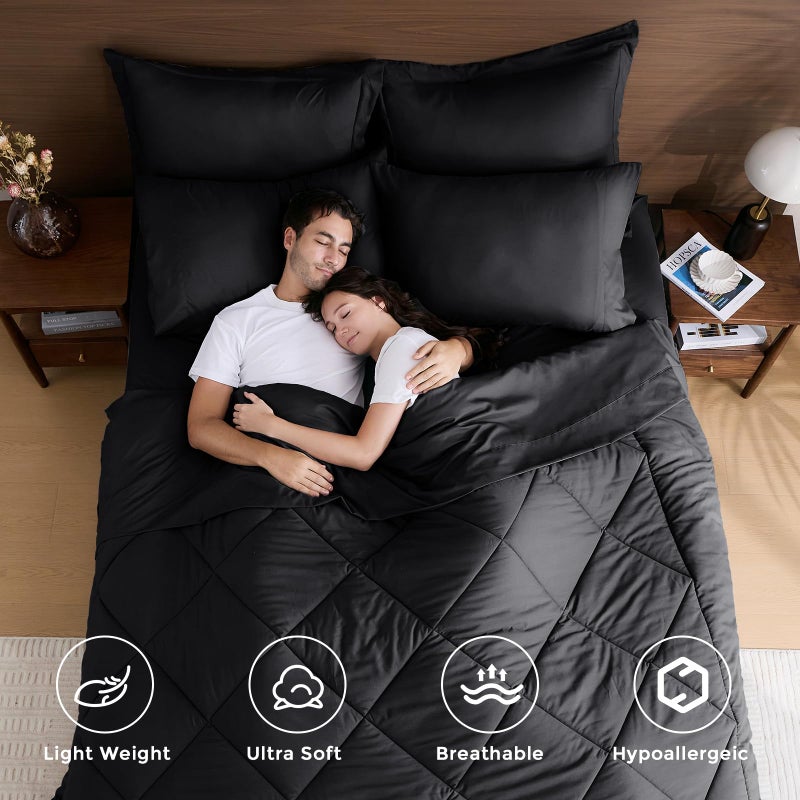HEVUMYI Black Cali-King Comforter Set - 7-Piece All Season Bed in a Bag Cali-King, Ultra Soft Bedding Set with Comforter, Flat Sheet, Fitted Sheet, Pillowcases, Pillow Shams, Black - Image 2