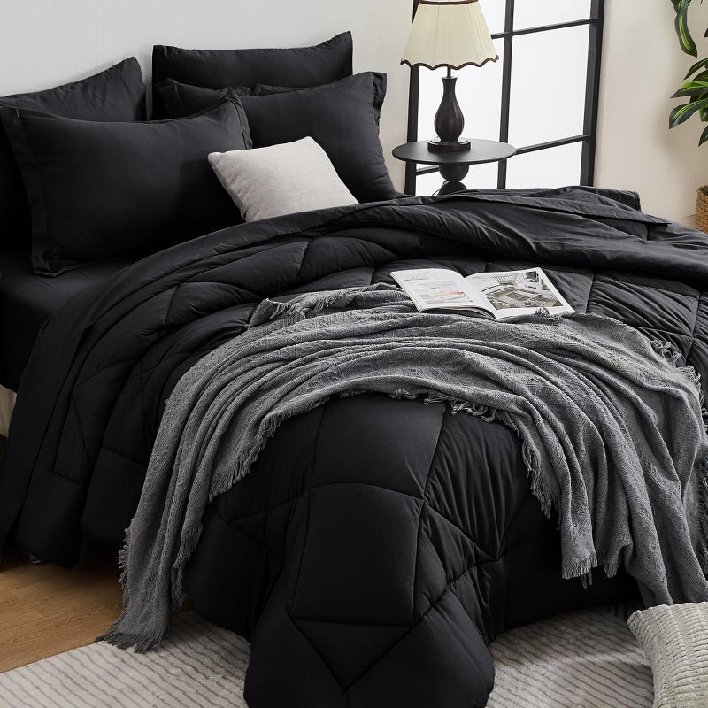 HEVUMYI Black Cali-King Comforter Set - 7-Piece All Season Bed in a Bag Cali-King, Ultra Soft Bedding Set with Comforter, Flat Sheet, Fitted Sheet, Pillowcases, Pillow Shams, Black - Image 1
