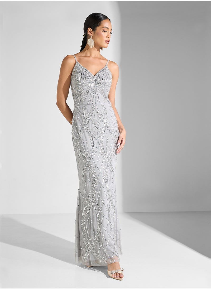 Namshi x Strappy Beaded Embellished Evening Gown  - Image 5
