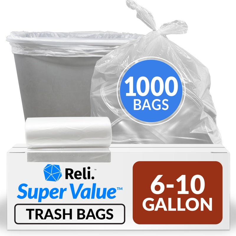 Reli. 6-10 Gallon Trash Bags | 1000 Bags | Clear | Bathroom | Strong | Garbage - Image 1