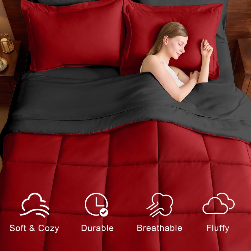 FUANNA King Size Comforter Set 7 Pieces, Reversible Bedding Sets with All Season Premium Comforter, Bed in a Bag King Includes Comforter, Flat Sheet, Fitted Sheet, Pillowcases & Shams, Red & Black - Image 2