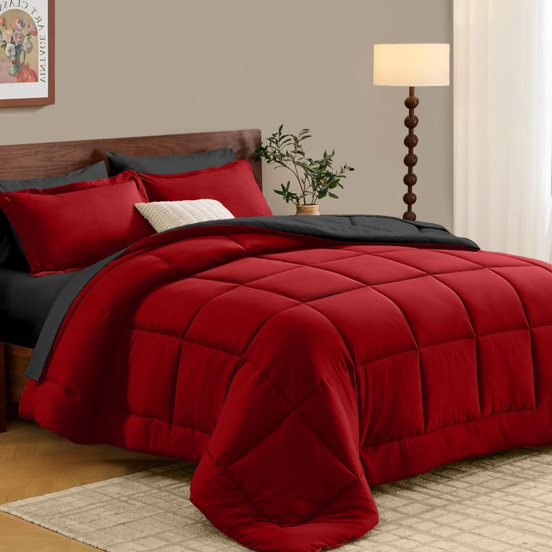 FUANNA King Size Comforter Set 7 Pieces, Reversible Bedding Sets with All Season Premium Comforter, Bed in a Bag King Includes Comforter, Flat Sheet, Fitted Sheet, Pillowcases & Shams, Red & Black - Image 1