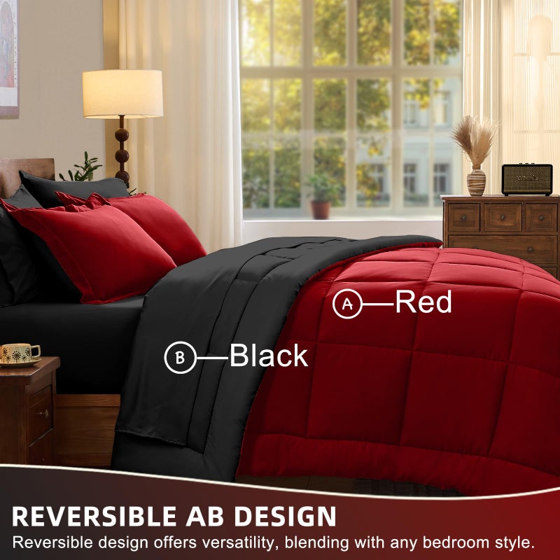 FUANNA King Size Comforter Set 7 Pieces, Reversible Bedding Sets with All Season Premium Comforter, Bed in a Bag King Includes Comforter, Flat Sheet, Fitted Sheet, Pillowcases & Shams, Red & Black - Image 4