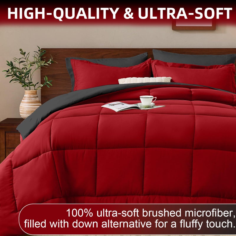 FUANNA King Size Comforter Set 7 Pieces, Reversible Bedding Sets with All Season Premium Comforter, Bed in a Bag King Includes Comforter, Flat Sheet, Fitted Sheet, Pillowcases & Shams, Red & Black - Image 3