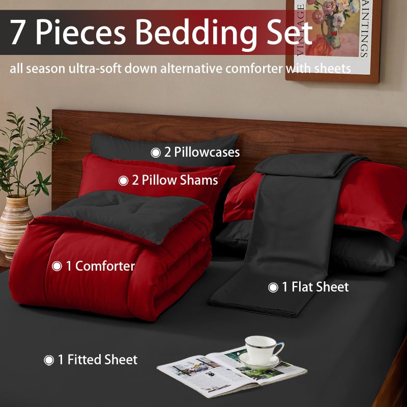 FUANNA King Size Comforter Set 7 Pieces, Reversible Bedding Sets with All Season Premium Comforter, Bed in a Bag King Includes Comforter, Flat Sheet, Fitted Sheet, Pillowcases & Shams, Red & Black - Image 5