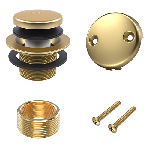 Citymoor All Metal Tip-Toe Bathtub Drain Kit with Two-Hole Overflow Faceplate and Universal Fine/Coarse Thread Assembly, Bath Tub Drain Kit fits All Bathtub -Brushed Gold - Image 1