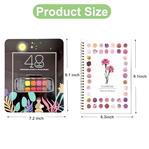 Hukalw 2 Pcs Watercolor Workbooks, Coloring Book Beginner Friendly Painting Kit, 12 Different Patterns of Original DIY Designs, 48 Colors Watercolor Paint Set with Palette and Brush - Image 2