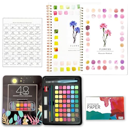 Hukalw 2 Pcs Watercolor Workbooks, Coloring Book Beginner Friendly Painting Kit, 12 Different Patterns of Original DIY Designs, 48 Colors Watercolor Paint Set with Palette and Brush - Image 1
