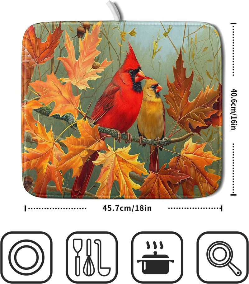 Giwawa Fall Birds Dish Drying Mat 16x18 Inch Autumn Maple Leaf Tree Dish Drainer Mats Thanksgiving Decorative Microfiber Reversible Dish Drying Rack Pad Small for Kitchen Countertop Tabletop - Image 2